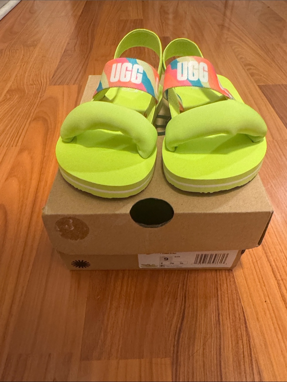 UGG Kids Neon Lime Sandals with Multicolor Logo Strap